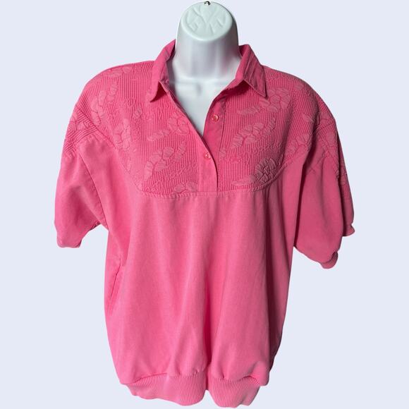 Casual Isle 80s Floral Jacquard Knit Polo Top Pink Banded Waist Sz M - Picture 1 of 4
